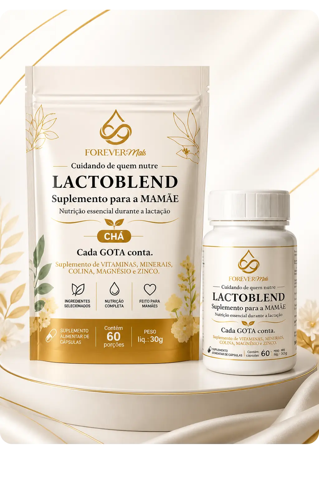 Kit Lactoblend Forever Milk: sachê de chá e frasco de cápsulas
